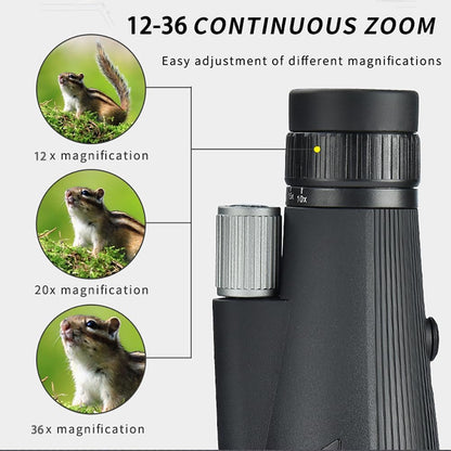 Monoculaire telescoop, 12-36 x 60 ED zoom, monoculair nachtzicht (24 mm oculair + 60 mm lens), waterdicht, met BAK4 prisma & FMC-lens met adapter en statief voor klimmen, balspellen, observatie van