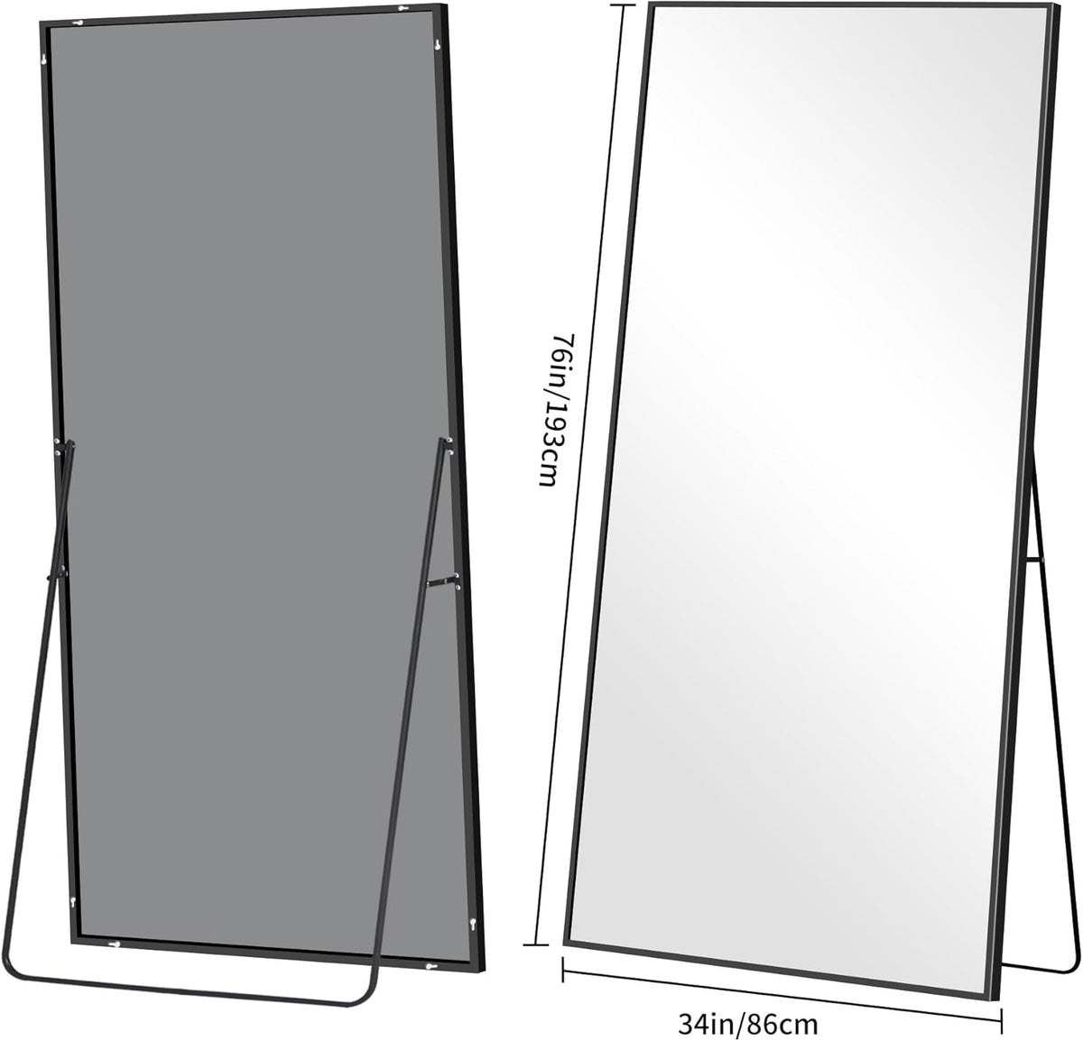 WOLIBEER Grote full-body spiegel, 192 x 85 cm, full-body spiegel met aluminium frame, zwart, rechthoekige wandspiegel, staande spiegel, spiegel voor slaapkamer, woonkamer, kleedkamer, fitnessstudio,