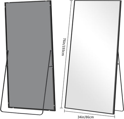 WOLIBEER Grote full-body spiegel, 192 x 85 cm, full-body spiegel met aluminium frame, zwart, rechthoekige wandspiegel, staande spiegel, spiegel voor slaapkamer, woonkamer, kleedkamer, fitnessstudio,