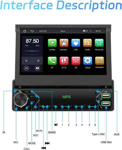 Draadloze CarPlay autoradio, 1 Din met uittrekbaar scherm, handmatig, 7 inch touchscreen, Android autoradio met bluetooth, stereo, autoradio, ondersteuning, FM AUX USB-achteruitrijcamera
