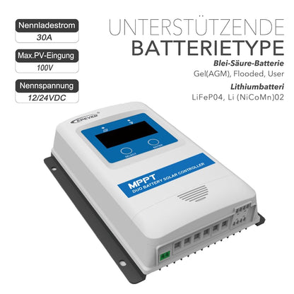EPEVER® MPPT DuoRacer 30A laadregelaar solar charging controller DR3210N voor 2 batterijen, 12V/24V auto work, PV 100V (DR3210N)