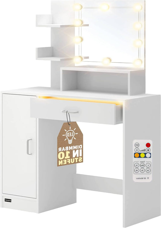 CASARIA® Dressing Table Jocelyn LED 90x40x140cm Mirror Cabinet Drawer 3 Shelves Bedroom Makeup Table Cosmetics Table Modern Wood White - QUORE
