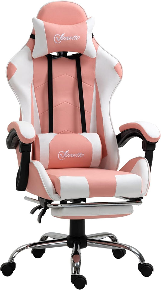 Vinsetto Gaming Chair, Ergonomic Office Chair with Headrest, Massage Lumbar Cushion, Footrest, Swivel Gaming Chair, PC Chair with Connecting Armrests, Tilt Function, Pink - QUORE