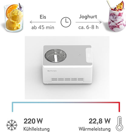 IJsmachine & Yoghurtmaker Elisa 2,0 L met zelfkoelende compressor 180w, gemaakt van roestvrij staal, ijsmaker met koel- en verwarmingsfunctie, bewaarcontainer