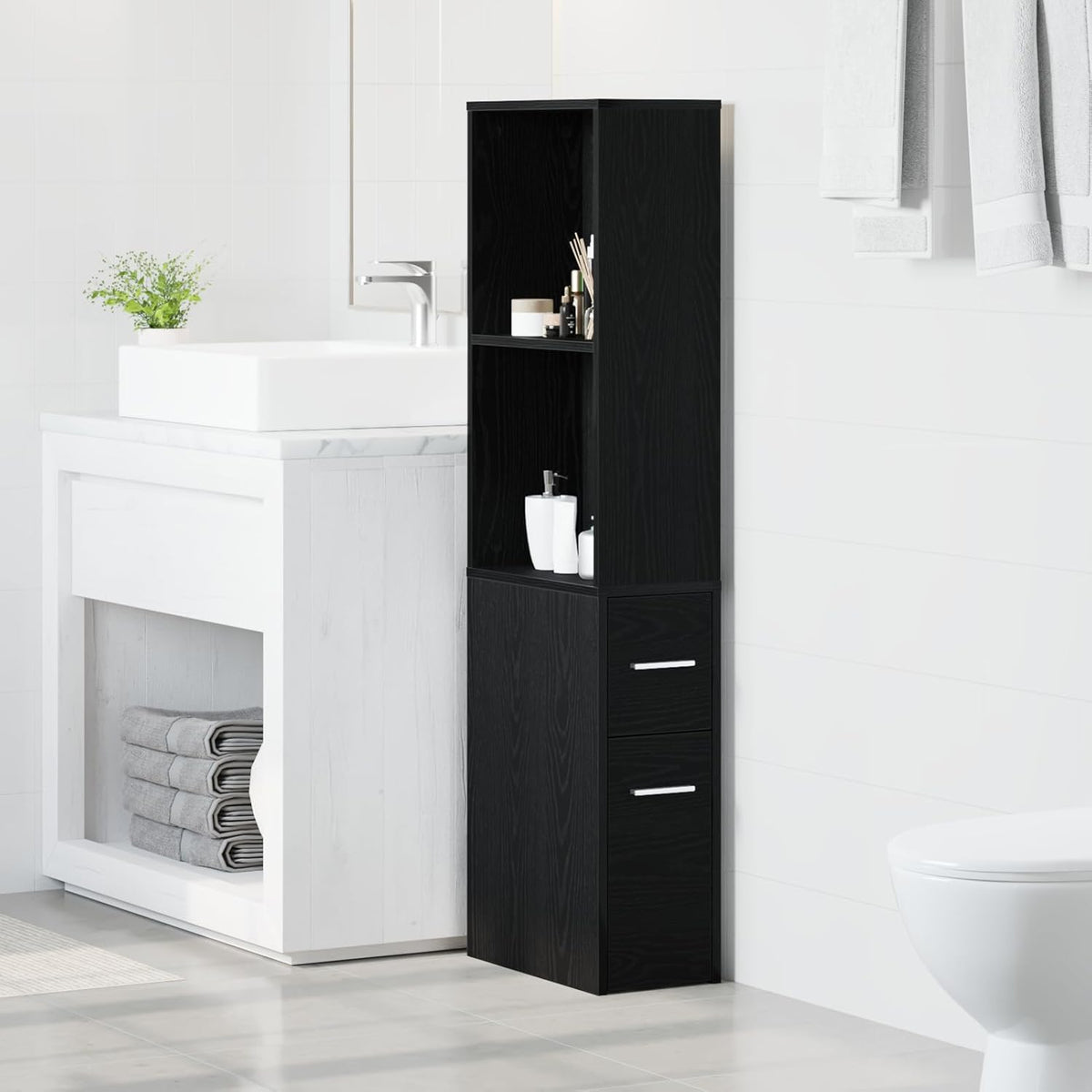 Gecheer Narrow Bathroom Cabinet, Black Oak, 22 x 41 x 135 cm, Bathroom Cabinet, Storage Rack for Bathroom, Hallway, Entrance, Kitchen, 871653 - QUORE
