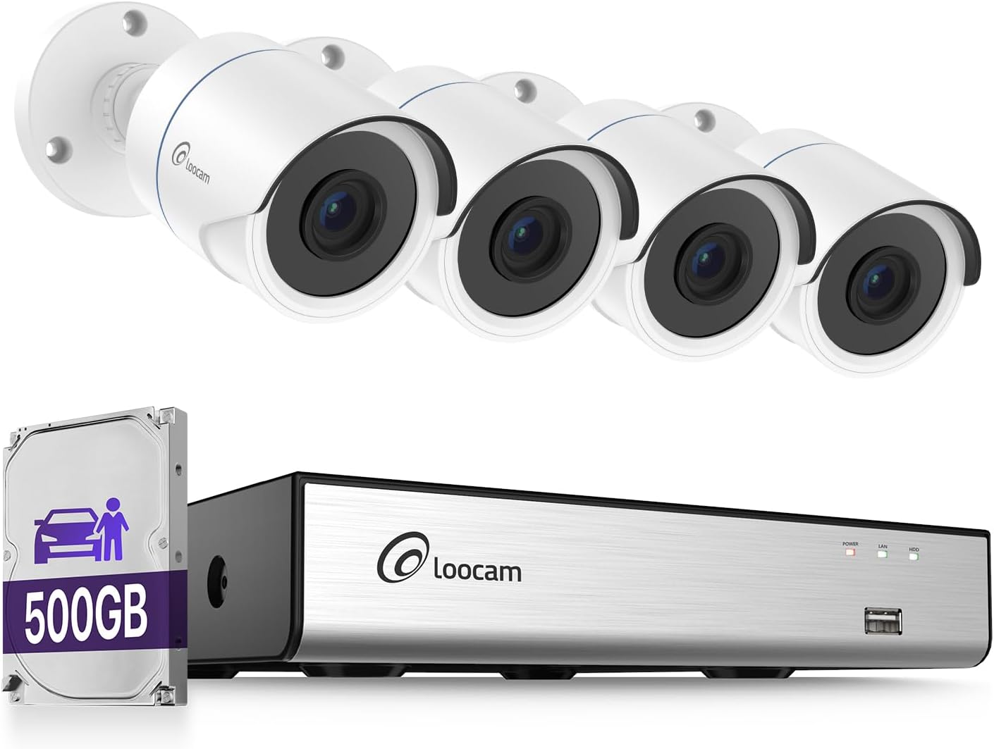 Loocam 8CH 1080P CCTV-CameraSysteem Met AI-Mens-en Voertuigdetectie, 5MP H.265+ DVR Met 500G SSD En 4 Stuks 2MP Beveiligingscamera's Binnen-en Buiten, Nachtzicht, Extern Toegang
