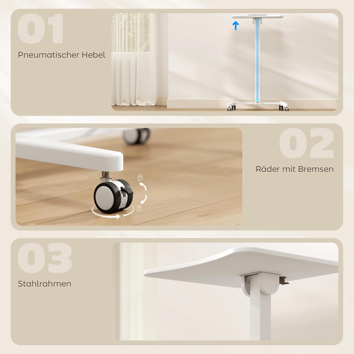 Laptoptafeltje – Verstelbaar Bureau – Mobiele Computertafel – Zit-Sta Werkplek – Kantelbaar Tafelblad – Pneumatische Hoogteverstelling 75-114 cm – Compact 60,5x52 cm Wit