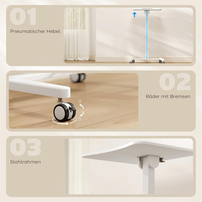 Laptoptafeltje – Verstelbaar Bureau – Mobiele Computertafel – Zit-Sta Werkplek – Kantelbaar Tafelblad – Pneumatische Hoogteverstelling 75-114 cm – Compact 60,5x52 cm Wit