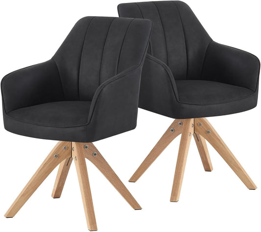 Draaistoelen Eetkamerstoelen – Keukenstoelen – Bureaustoelen – Make-up Stoelen – Set Van 2 – Gestoffeerd Zwart – Massief Eikenhout – 360° Draaibaar