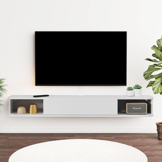 Pmnianhua Floating TV Rack Wall Mounted TV Cabinet Floating Shelves with Door Modern Entertainment Media Console Large Under TV Storage (120cm, White) - QUORE