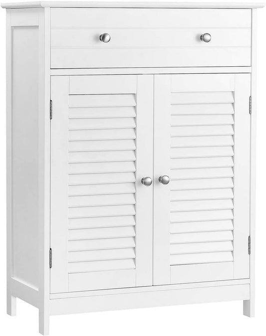 WeHome Jessica Ruimtebesparende badkamerkast, staande kast met verstelbare plank, wit, 60 x 35 x 87 cm, houten kast met 2 deuren en lade bovenaan (wit)
