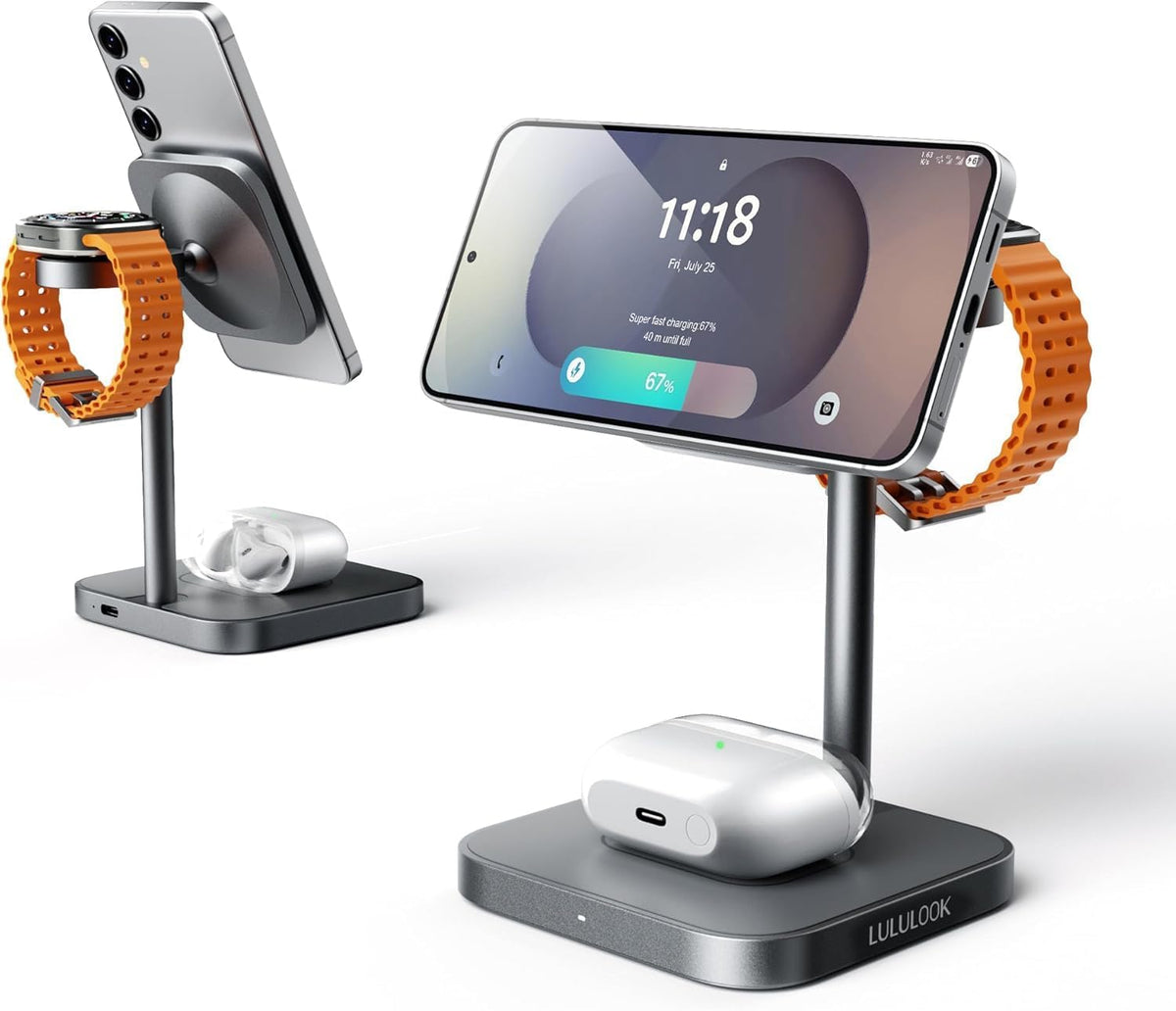 LULULOOK Inductief laadstation voor Samsung, aluminium 3-in-1 draadloze oplader voor Samsung S25 Ultra/S24/S23/Z/Note, draadloze oplader voor Galaxy Watch Ultra 7/6/5/4/3, Galaxy Buds (grijs)