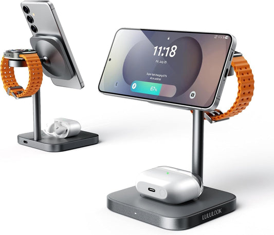 LULULOOK Inductief laadstation voor Samsung, aluminium 3-in-1 draadloze oplader voor Samsung S25 Ultra/S24/S23/Z/Note, draadloze oplader voor Galaxy Watch Ultra 7/6/5/4/3, Galaxy Buds (grijs)