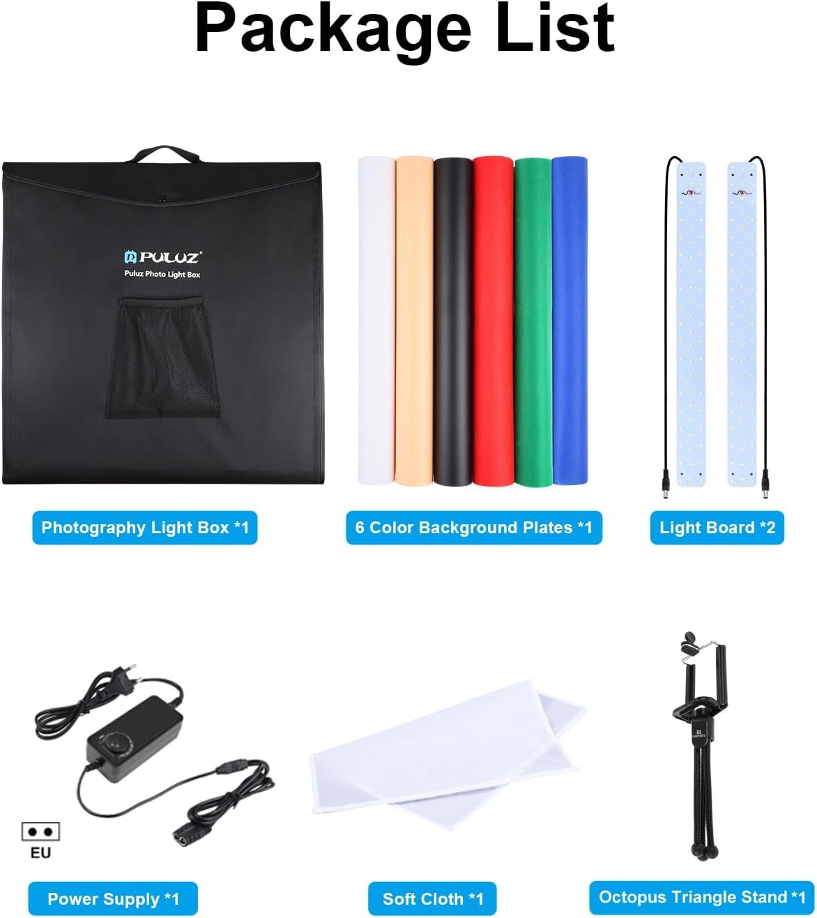 PULUZ Fotostudioset, 60 x 60 cm, draagbaar, groot, voor productfotografie, lichtgevende tent, 5500 K, dimbaar, witte ledverlichting, met 6 achtergronden