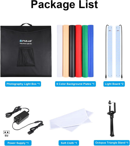 PULUZ Fotostudioset, 60 x 60 cm, draagbaar, groot, voor productfotografie, lichtgevende tent, 5500 K, dimbaar, witte ledverlichting, met 6 achtergronden