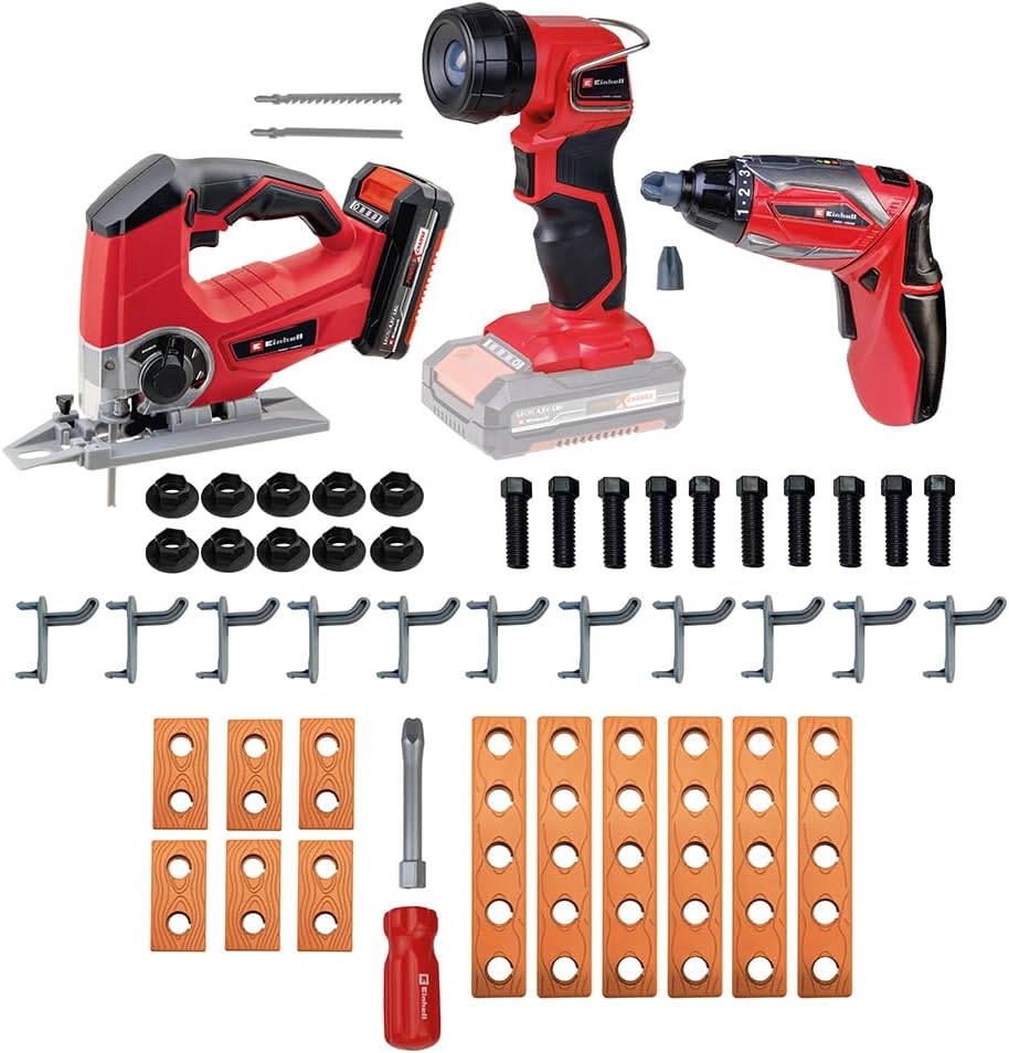 Einhell E-Case werkbank 110-dlg., incl. mini-schroevendraaier, decoupeerzaag, acculamp en veel accessoires, afmetingen ca. 70 x 33,5 x 95 (H) cm, de eerste transportbare en meegroeiende werkbank voor