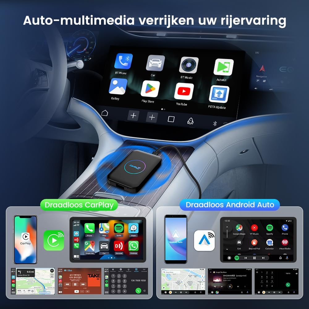 3-in-1 Auto Multimedia Adapter – Draadloze CarPlay Adapter – Android Auto Ontvanger – Auto Video Streaming – HD Video Output – Draadloze Verbinding – Plug & Play Installatie