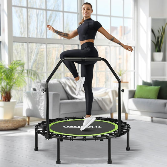 Trampoline – Opvouwbare Trampolinespringer – Fitness Rebounder – Indoor Buitenspeelgoed – Trainingsapparaat – Compact Draagbaar – Stabiel & Stil – Verstelbare Handrail & 8mm Elastische Bungeekoorden - QUORE