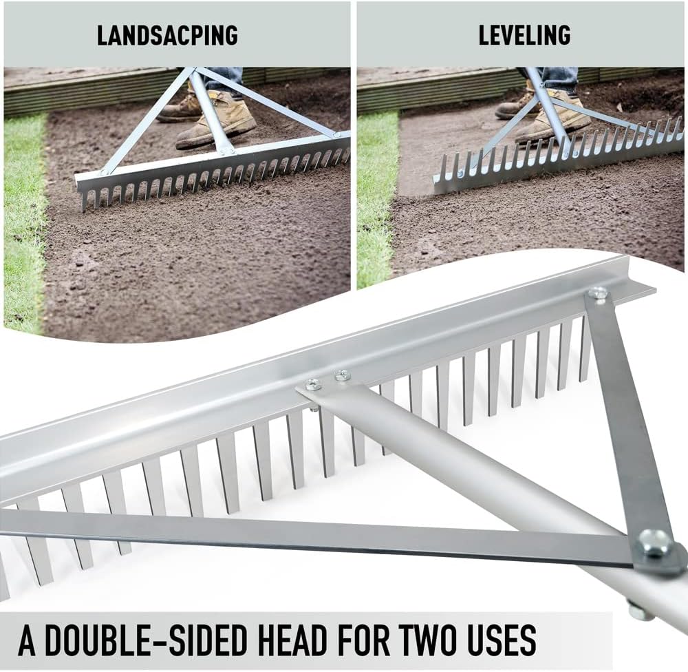 Tuinhark - Landschapshark - Bladharken - Screening Rake - 24 Tines - 24inch Head - 68inch Handvat - voor Strand - Gazon Onderhoud - Aluminium - Zilver