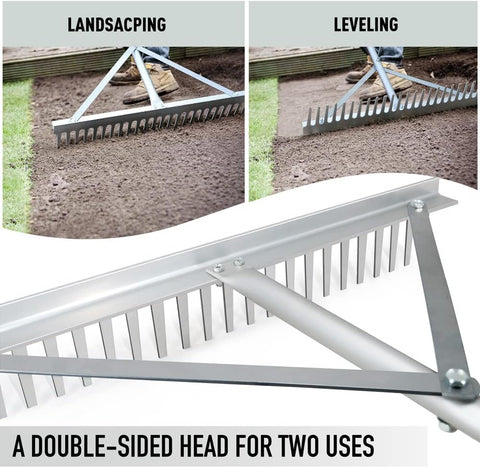 Tuinhark - Landschapshark - Bladharken - Screening Rake - 24 Tines - 24inch Head - 68inch Handvat - voor Strand - Gazon Onderhoud - Aluminium - Zilver