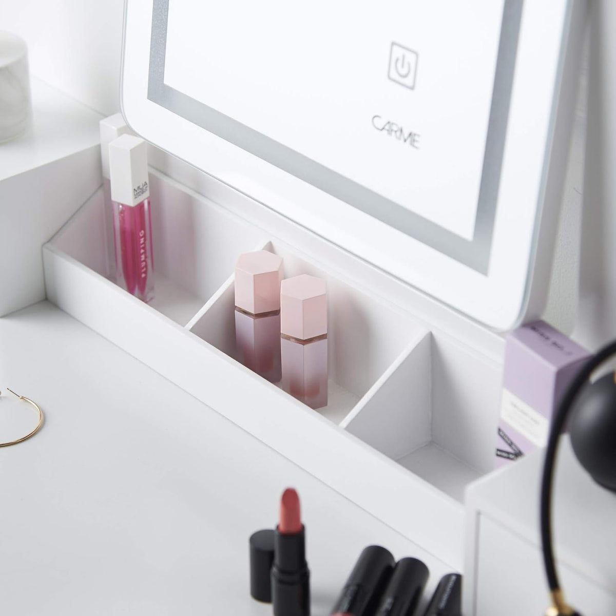 ice cream what's your flavour? Luxury Dressing Table with Touch Sensor Vanity Mirror LED Lighting & Stool 5 Drawers Set For Bedroom Makeup Jewelry Storage (DT010-TBPLUG WHITE) - QUORE