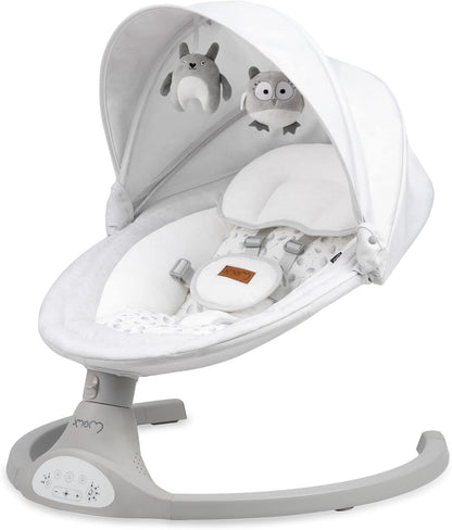 MOMI KENANI Rocking Chair for Children up to 9 kg Weight Foldable with Remote Control and Bluetooth for Connecting to Smartphone, Batteries and Mains with 5-Point Safety Belt - QUORE