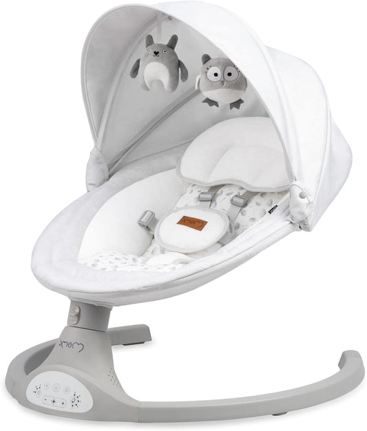 MOMI KENANI Rocking Chair for Children up to 9 kg Weight Foldable with Remote Control and Bluetooth for Connecting to Smartphone, Batteries and Mains with 5-Point Safety Belt - QUORE