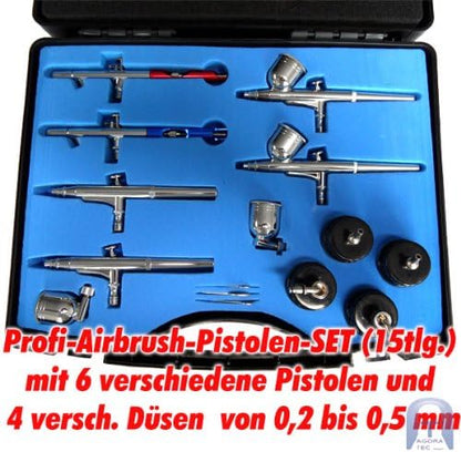Agora-Tec® Airbrush pistolen set AT-AS-01-15-delig Airbrush-pistolenset met 6 pistolen in 4 verschillende sproeimaten.