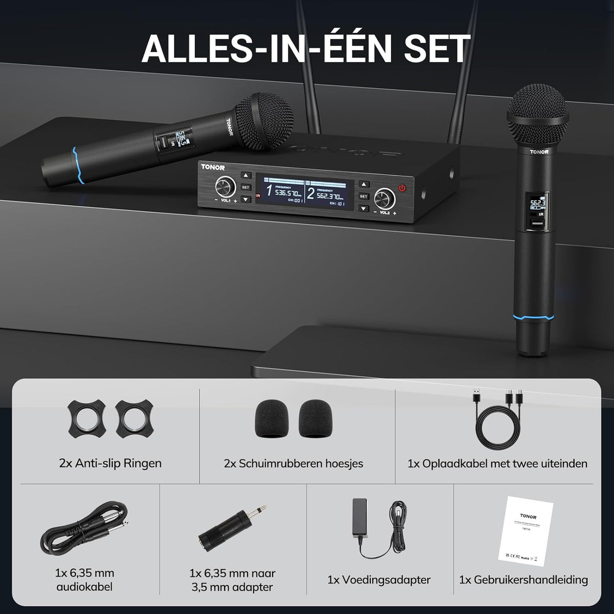 Draadloos microfoonsysteem – Draadloze microfoon, microfoonset, karaoke microfoon, set van 2 – Auto-Scan & IR-Koppeling – Bereik Tot 100 Meter