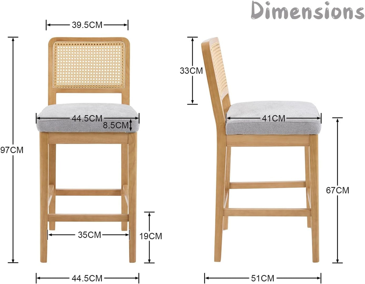 Barstoelen – Barkrukken – Keukenstoelen – Eetkamerstoelen – Set van 2 – Rieten Rugleuning – Comfortabele Chenille Zitting – Massief Houten Poten – Grijs-Naturel - QUORE