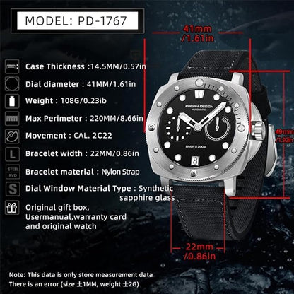 Pagani Design 1767 Automatisch herenhorloge, synthetische saffier-roestvrijstalen behuizing, 20 bar, waterdichte leren armband, casual herenhorloge