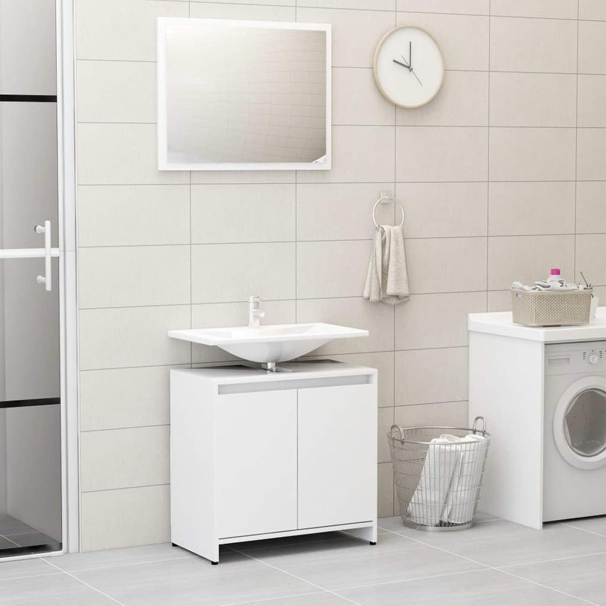 Gecheer 4 Piece Bathroom Furniture Set, Mirror Medium Cabinet Tall Cabinet Under Sink Cabinet, White Chipboard Bathroom Furniture Sets - QUORE