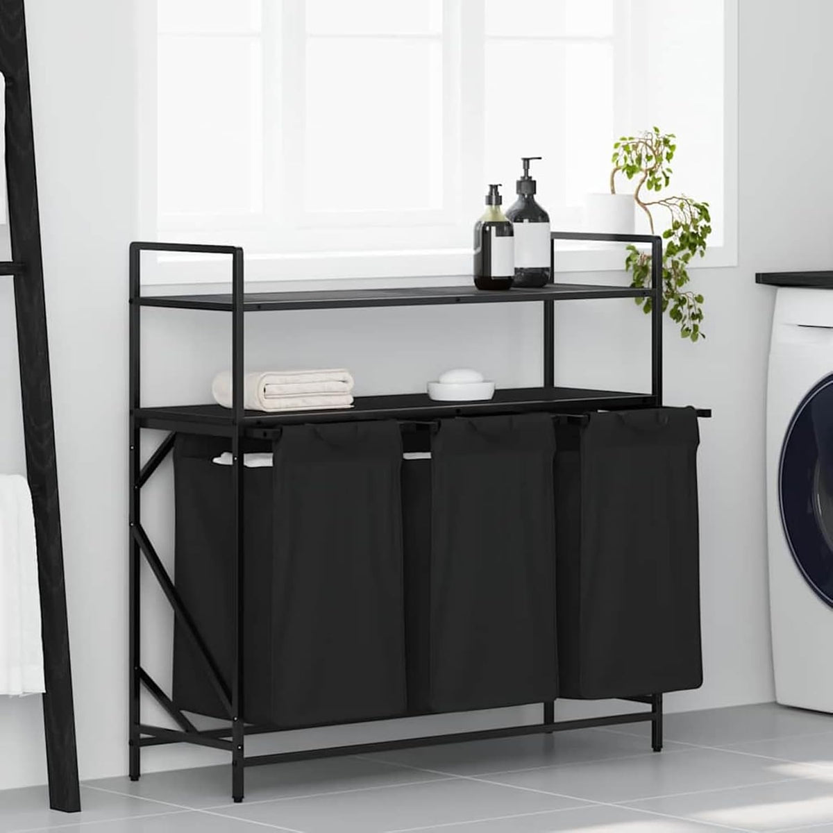 Wasmand – Wasbak – Wasbox – Sorteerbak – Laundry Basket – 3 Compartimenten – Stevig Stalen Frame Met Houten Planken