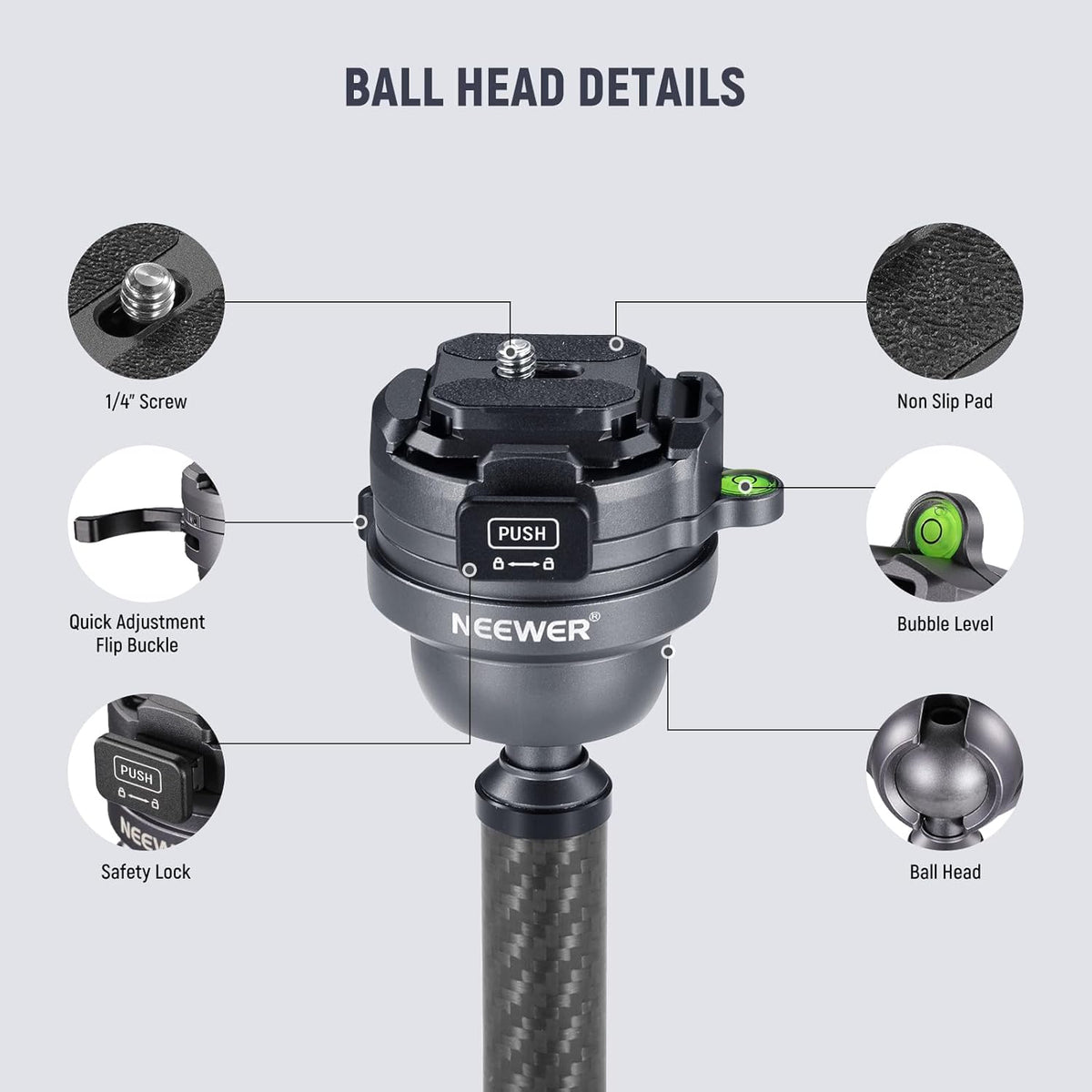 NEEWER LITETRIP LT32 62" reisstatief koolstofvezel met ±15° nivellering, 360° panoramakop, afneembare middenas, snelle flip-gesp, Arca QR-plaat compatibel met Peak Design Capture V3, (voormalig TP62)