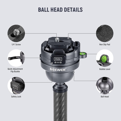 NEEWER LITETRIP LT32 62" reisstatief koolstofvezel met ±15° nivellering, 360° panoramakop, afneembare middenas, snelle flip-gesp, Arca QR-plaat compatibel met Peak Design Capture V3, (voormalig TP62)