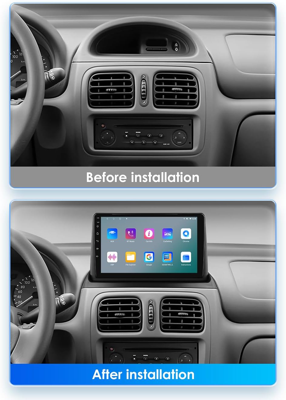 Ossuret Autoradio voor Renault Clio 2 (2000-2012), 9 Inch Android 13 Touchscreen 2+32GB GPS Navigatie met Carplay Android Auto WiFi Bluetooth Stuurwielbediening (Type A)