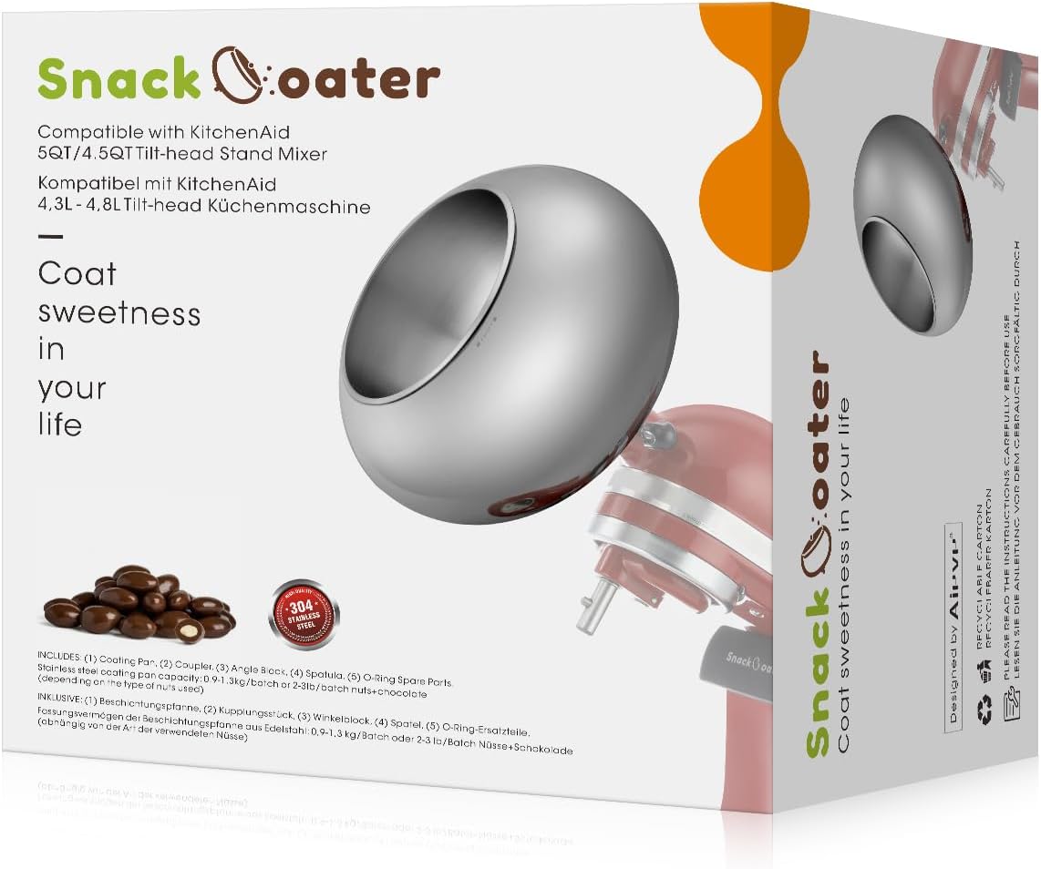 Aieve Snack Coater Compatible with KitchenAid Tilt-Head Stand Mixer for Making Chocolate Covered Almonds, Pistachio, Peanut, Freeze-Dried Strawberry, Raisins, Macadamia Nuts, Blueberry