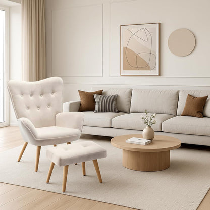HollyHOME Comfortable Armchair with Footstool Coffee Chair Velvet Accent Chairs Cozy Relaxing Chairs Reading Chair Bedroom, Beige - QUORE