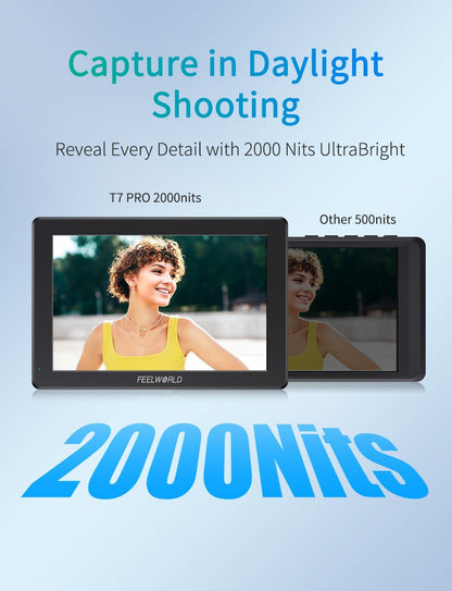 FEELWORLD T7SPRO 2000 Nits Camera Field Monitor 7 Inch 1920x1080 IPS Camera Monitor met 4K HDMI & 3G-SDI In/Out,3D LUTs,Waveform,HDR,Aluminium Behuizing Inclusief 4400 mAh Batterij en Tas