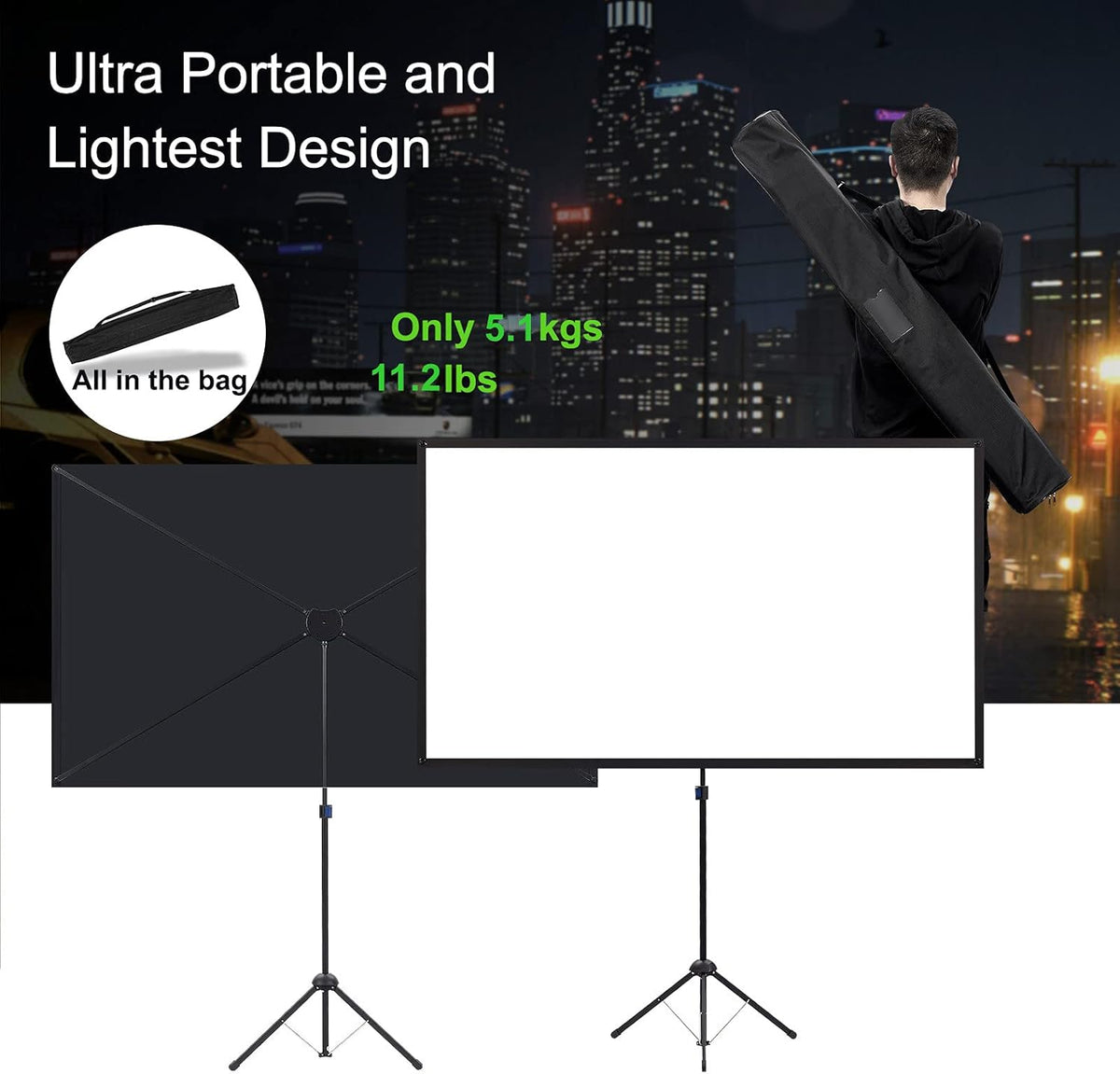Beamerscherm met statief, draagbaar projectorscherm 100 inch, 16:9, 4K HD-projectiescherm, licht en compact, ideaal voor thuisbioscoop, voor films binnen en buiten.