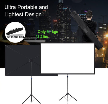 Beamerscherm met statief, draagbaar projectorscherm 100 inch, 16:9, 4K HD-projectiescherm, licht en compact, ideaal voor thuisbioscoop, voor films binnen en buiten.