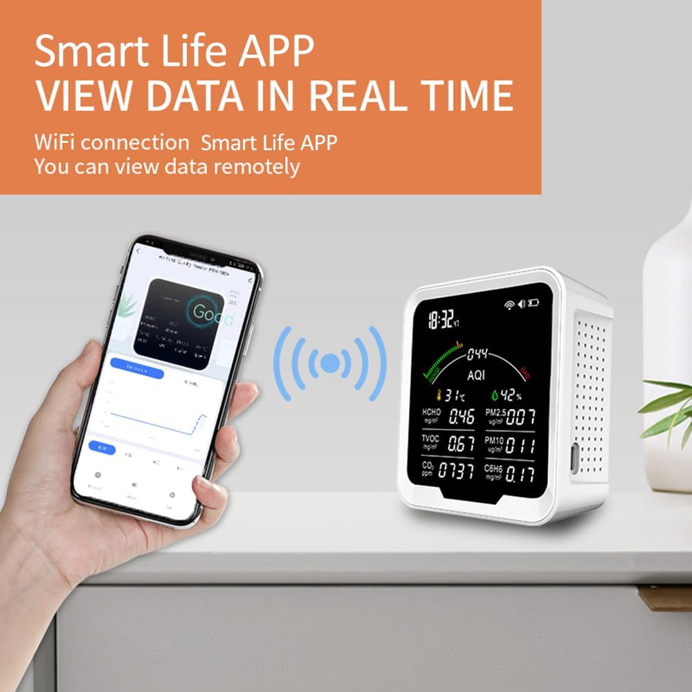 Irfora Draagbare luchtkwaliteitsmeter HCHO/TVOC/CO2/PM2,5/PM10/AQI/C6H6 temperatuur- en luchtvochtigheidstester, 4,8 inch groot scherm kooldioxidedetector met tijdsweergave en wekkerfunctie