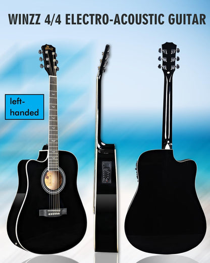 Winzz Elektro-akoestische gitaar voor volwassenen, 4/4 full-size beginnersgitaar folk voor kinderen vanaf 12 jaar (linkshandig, zwart)