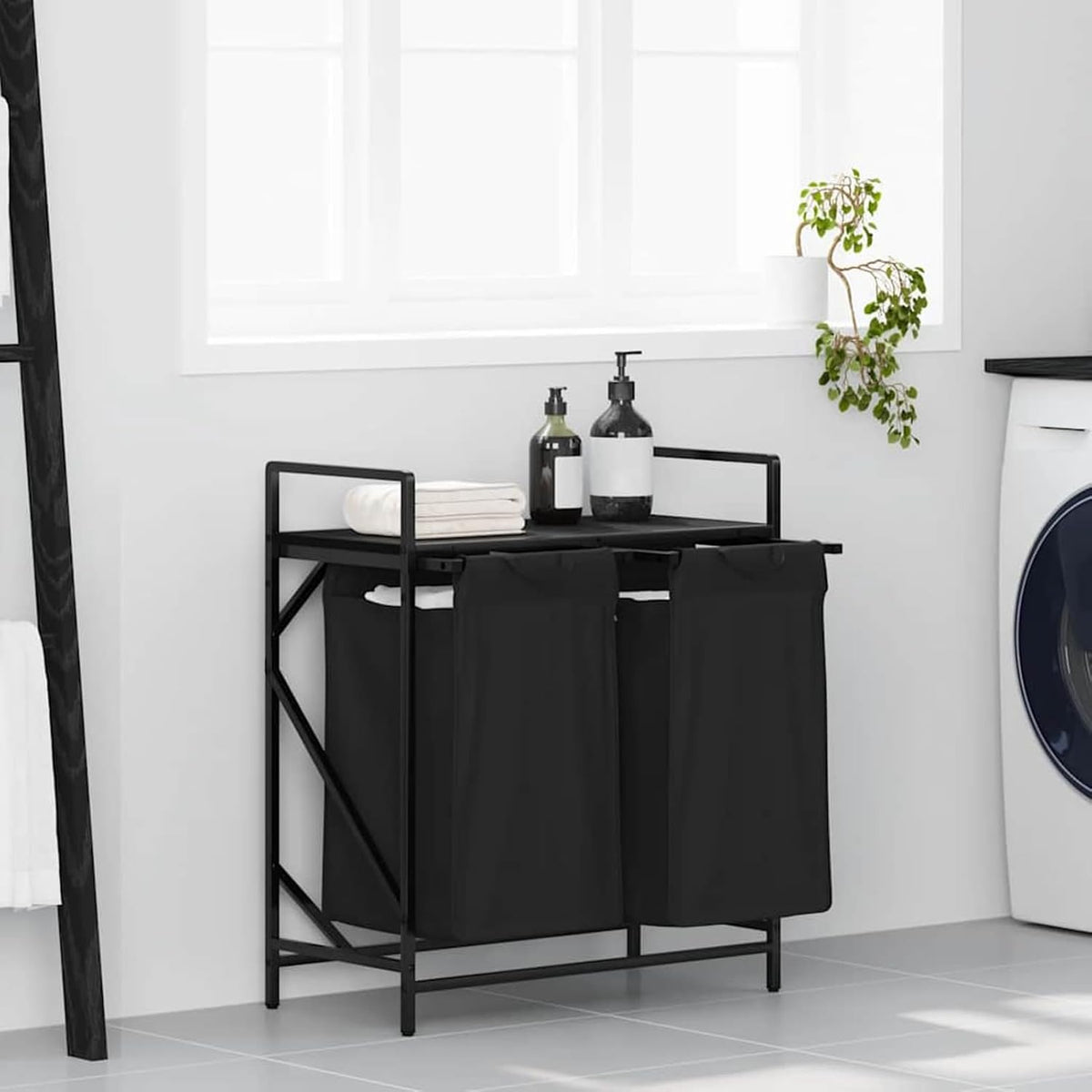 Gecheer Laundry basket 2 compartments with shelf black oak look, laundry basket laundry basket laundry basket for baby clothes bedding shoes 859065 - QUORE