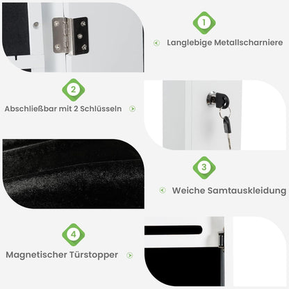 FANTASK Hangende sieradenkast, simpelkast met ledverlichting, spiegel en 6 laden, hangkast voor deur- en wandmontage, sieradenkast voor het opbergen van sieraden en cosmetica, wit