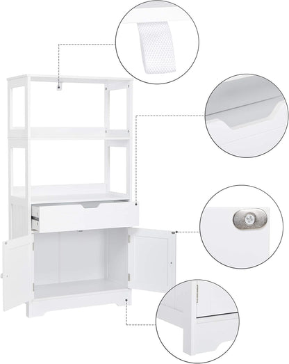 Meerveil Badkamer Opbergkast met Plank Ladedeuren voor Badkamer Keuken Woonkamer 60 x 30 x 121 cm (L x B x H), Wit - QUORE