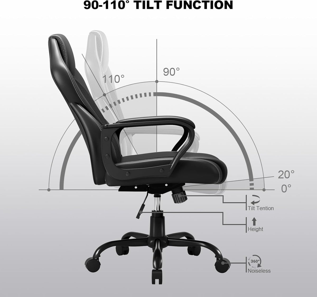 BASETBL Bureaustoel, directiestoel, 150 kg, bureaustoel, bureaustoel, gamingstoel, ergonomisch PU-leer, pc-stoel, draaistoel met zachte gevoerde armleuningen, kantelfunctie, zwart