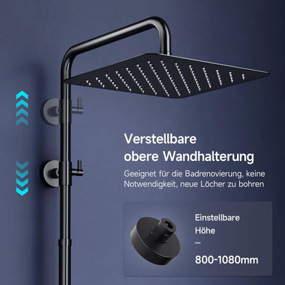 Douchekolom – Douchegarnituur – Regendouche – Douchepaneel – Douchekraan – Mat Zwart – 30x30 cm Vierkante Regendouche – Messing Omsteker Met 3 Handdouchestanden