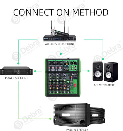 D Debra 6-Kanaals DJ Mixer, 99 DSP Effecten, USB/MP3 Ingang, 48V Fantoomvoeding, Ideaal voor DJ, Karaoke, Thuisstudio