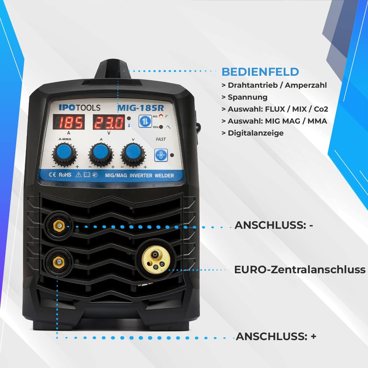 IPOTOOLS MIG-185R MIG Lasapparaat, MIG MAG Lasapparaat, 160 ampère, voor FLUX/vuldraad en Elektroden, MMA, digitaal display, IGBT-technologie, 230 V / 7 jaar garantie